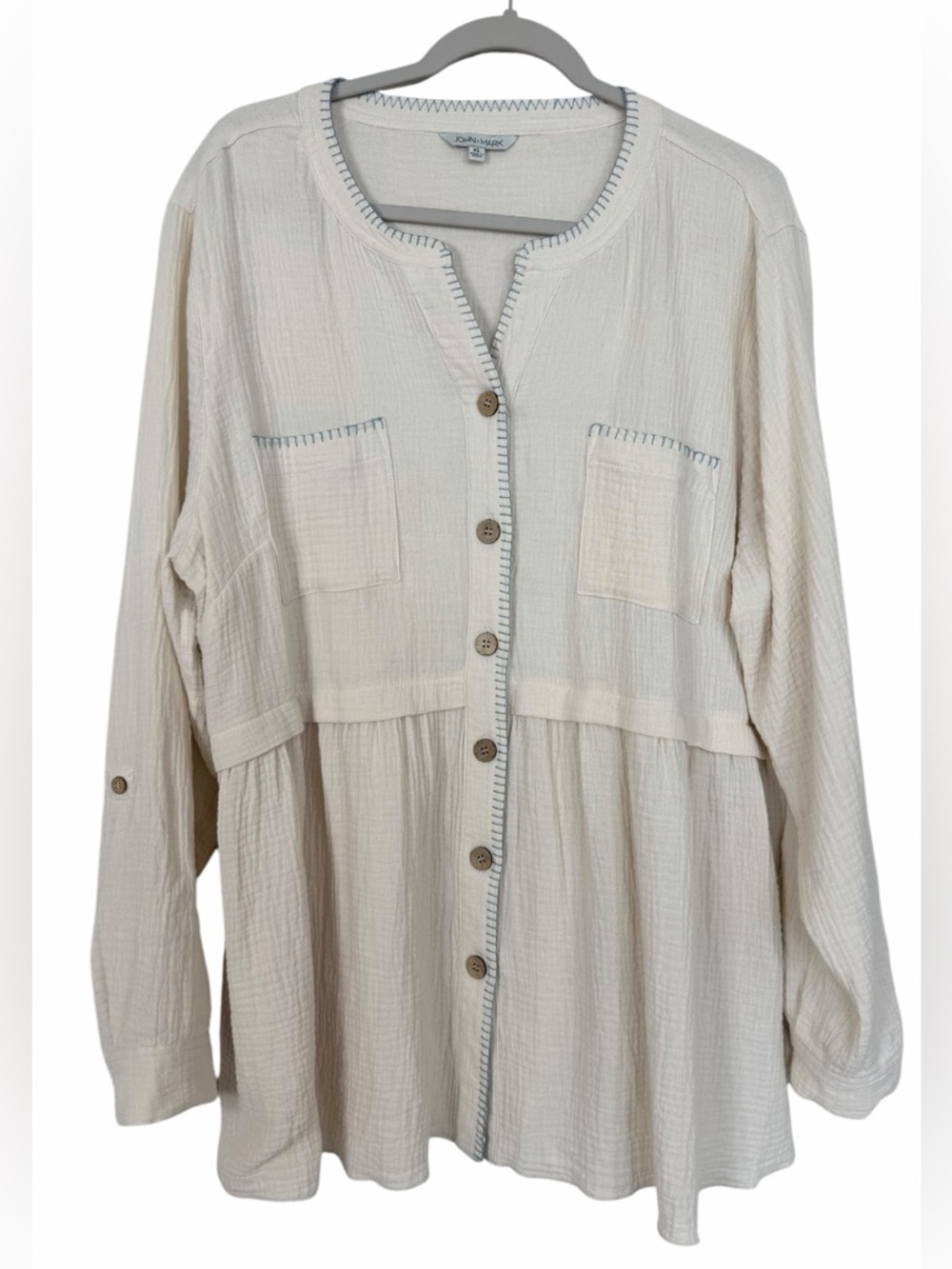 John Mark Peplum Button Up Tunic Top Ivory Gauze Boho Peasant Size XL
